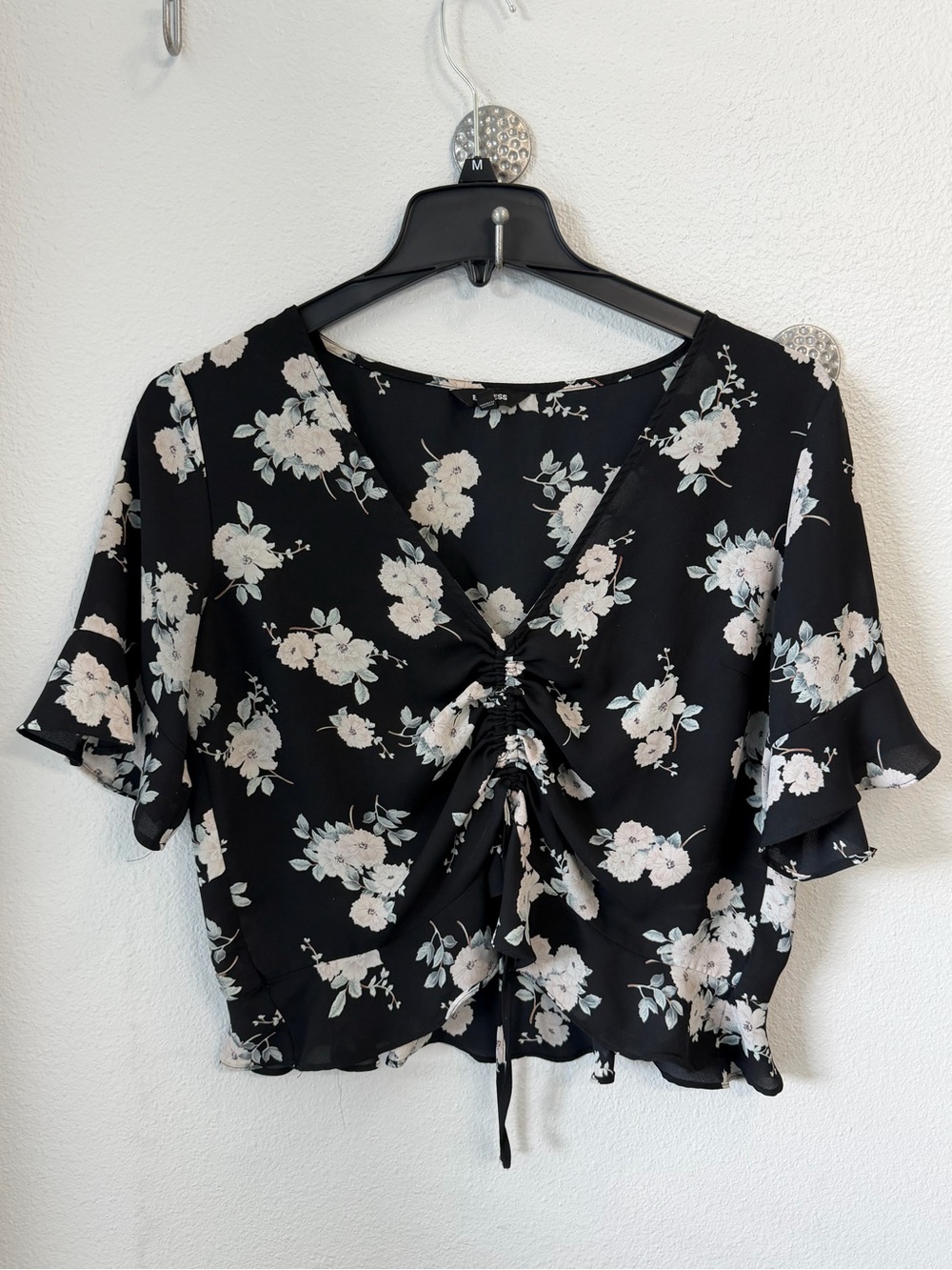 Express Black Floral Ruched Tie-Front Blouse